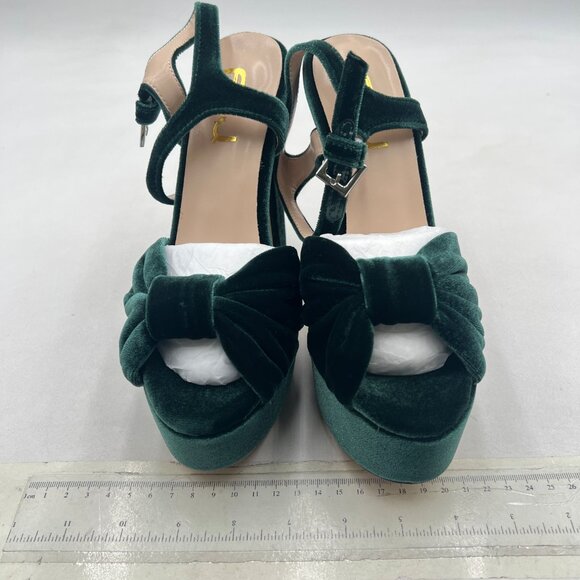 FSJ Dark Green Velvet Platform Chunky High Heel Sandal Peep Toe Ankle Strap Shoe - Picture 3 of 8